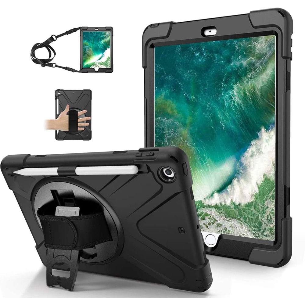 iPad 9.7インチ 用 iPad 第5世代 ケース カバー iPad 第6世代 ケース カバー 耐衝撃 ペン収納 ペンホルダー 360°回転スタンド 縦置き 横置き ハンドストラップ ハンドホルダー ショルダーストラップ 防塵 保護カバー アイパッド 2017 2018 送料無料