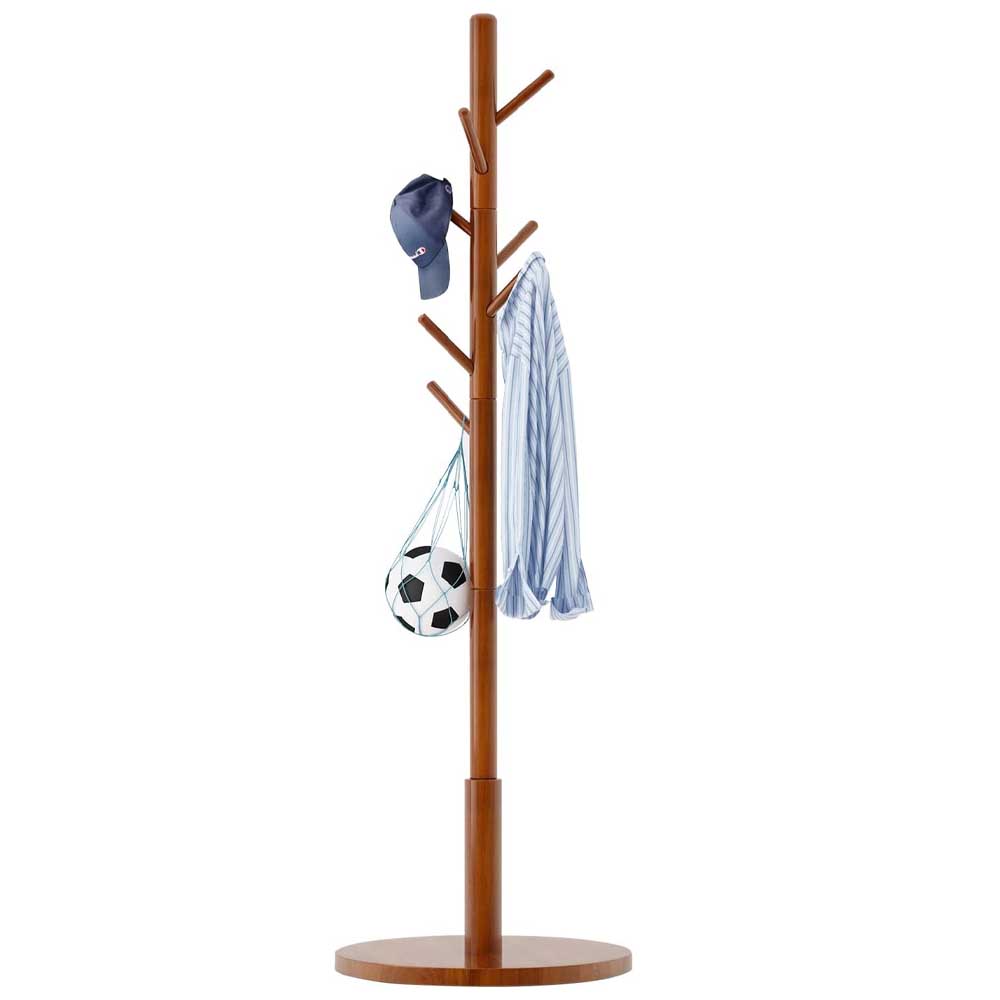 ポールハンガー 木製 コートハンガー 4段 幅38×奥行38×高さ170cm ハンガーラック スリム おしゃれ 衣類収納 8フック 頑丈なラウンドベース 洋服ラック 衣架 帽子掛け 組立て簡単 ブラウン 送料無料