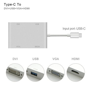 【送料無料】USB3.1-C 変換アダプター Type-C to HDMI / VGA / DVI 変換アダプター 4 in 1 4K*2K 1080pの解像度 対応 Apple MacBook、Google ChromeBook などに対応