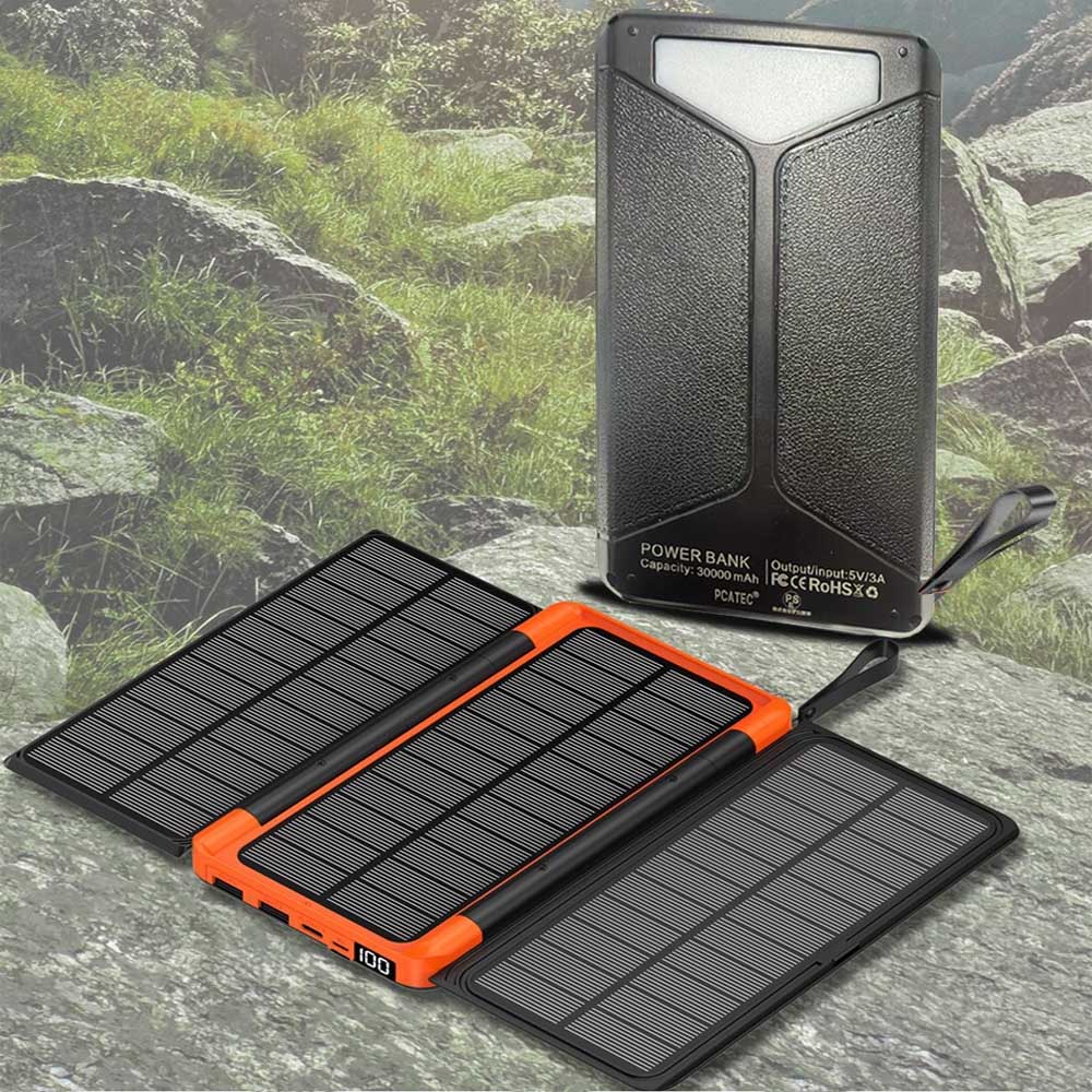 防災グッズ ソーラーモバイルバッテリー ワイヤレス充電器 QI充電対応 スリム折りたたみ式 ソーラー3枚パネル 30000mAh 大容量 LEDライト付き 4台同時に充電 USB入出力ポート 高輝度LED SOSモード持ち運び便利 耐衝撃 地震/災害/旅行/出張/アウトドア活動など PSE認証 pcastore-10006717 PCASTORE サンプル画像2