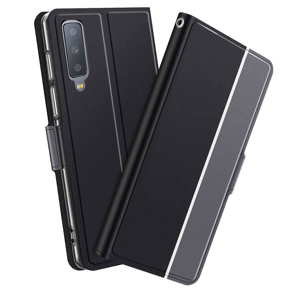 galaxy A7 2018スマホケース 手帳型ケース カバー　ツートーンカラー ストラップ付き　マグネット 定期入れ ポケット シンプル スマホケース　ブラック＆グレー　ネイビー＆グレー　ローズゴールド＆グレー選択可能