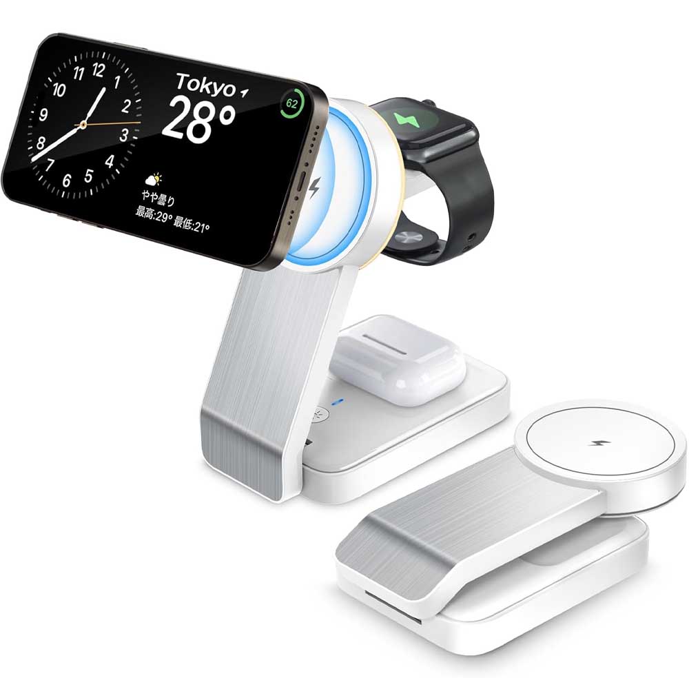 【送料無料】折り畳みMagSafe 充電パッド 3台同時 3in1 充電器 15W 置くだけ充電スタンド 急速充電 Qi急速充電 15W ワイヤレス マグネット アップルウォッチ イヤホン 磁石 最大15W出力 急速充電 iPhone15/14/13/12/Apple Watch Airpods/2/3/Pro/Pro 2 商品仕様 サイズ：約13.7 x 6.8 x 3.2 cm 重さ：約 370 g 素材：ABS+シリカゲル 入力：9V/2A 9V/3A 出力：15W/10W/7.5W/5W/2.5W 充電端子：USB Type-C 対応機種：ワイヤレス充電対応のデバイス ※アダプターは付属しておりませんので、別途アダプターが必要です。なお急速充電が必要な場合は20W出力以上のUSB PD対応USB充電器が必要です。 商品説明 【3台デバイス同時急速充電可能】 QI充電対応のスマホ、Apple Watch、Air Pods、3つのデバイスをコンパクトに充電。コンセントは1個だけしか使用せず、デスクや生活スペースがすっきりして、お部屋を散乱の状態から解放します。最大15Wの出力デザインで、従来のワイヤレス充電器に比べ、充電スピードが2倍以上に速く、充電時間を大幅に短縮しました。日常生活やビジネスに役立ちます。 【最大15Wの急速充電＆安全な充電保護】 急速充電アダプターと付属品のType-Cケーブルを使用し、より高速で安定した電源入力をサポートします。スマホの機種によって異なるが、5W/10W/15Wを支持し、最大15Wの充電スピードを提供します。スマートチップが内蔵されて、過熱保護、過電圧保護、過電流保護、過充電保護機能を搭載しており、安全に充電できます。スマホをワイヤレス充電器に一晩中置きっ放しにしても大丈夫です。安全・安心に使用できるQiワイヤレス充電器です。 【三段式折りたたみデザイン＆携帯便利】 本製品は最新の三段式折りたたみデザインを採用し、折り畳みサイズはただの8.5*7.5*2cmで、簡単にカバンや化粧バッグとかに収納できます。オフィスや自宅だけでなく、出張や旅行の際に、持ち運びは大変便利となります。（ご注意：本製品をスマホスタンドとして使うとき、スマホにQI充電対応のMagsafe ケースを装着する必要があります。） 【ケースをつけたまま充電可能】 ほとんどのスマホケースをつけたままでスマートフォンを充電することが可能です。 (※5mm以上の厚みがあるケースや金属製や磁気を帯びたケースおよびクレジットカードは、充電前に取り外してください)。 対応機種 【多機種のスマホ対応】 ★iPhone急速充電対応機種：iPhone8/8Plus/iPhone X/XS/XR/XS Max（出力：最大7.5W）。 ★Samsung対応機種：Galaxy S6 Edge+、S7/S7Edge、S8/S8+、Note8等（出力：最大10W） ★普通充電：他のQi対応機種（出力：5W） ★Apple Watch 対応機種：Series 7（出力：2W）。 ★他のQI対応機種は普通のワイヤレス充電をご利用いただけます（出力：15W Max）。 発送方法 定型外送料無料但し、代金引換の発送方法は指定不可です。ご指定された場合、宅急便送料と代引きの手数料が必要です。 検索キーワード 新型 折り畳みMagSafe 充電パッド 3台同時 3in1 充電器 15W 置くだけ充電スタンド 急速充電 Qi急速充電 15W ワイヤレス マグネット アップルウォッチ イヤホン 磁石 最大15W出力 急速充電 iPhone15/14/13/12/Apple Watch Airpods/2/3/Pro/Pro 2【送料無料】新型 折り畳みMagSafe 充電パッド 3台同時 3in1 充電器 15W 置くだけ充電スタンド 急速充電 Qi急速充電 15W ワイヤレス マグネット アップルウォッチ イヤホン 磁石 最大15W出力 急速充電 iPhone15/14/13/12/Apple Watch Airpods/2/3/Pro/Pro 2