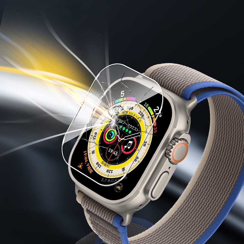 pcatecのApple Watch Ultra 用 ガラスフィルム 49mm 強化ガラス 耐衝撃 watch ultra 用 保護フィルム ケース対応 高透過率 高光沢 アップルウォッチ Ultra 対応 フィルム 2枚入り クリア 送料無料｜アングル3