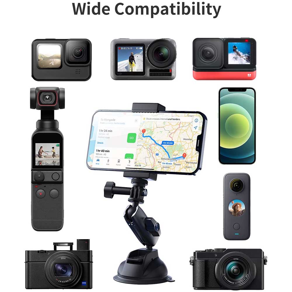 GoPro Insta360 車載カメラ用 吸盤マウントカメラ カーマウント サクションカップマウント フロントガラスホルダー車載マウント 360度回転 強力吸引 電話ホルダー付 GoPro Max Hero10 9 8 7 6 5 Insta360 One X2 Go 2 DJI Osmo Pocket 2 Action 2 SLR ミラーレスカメラ