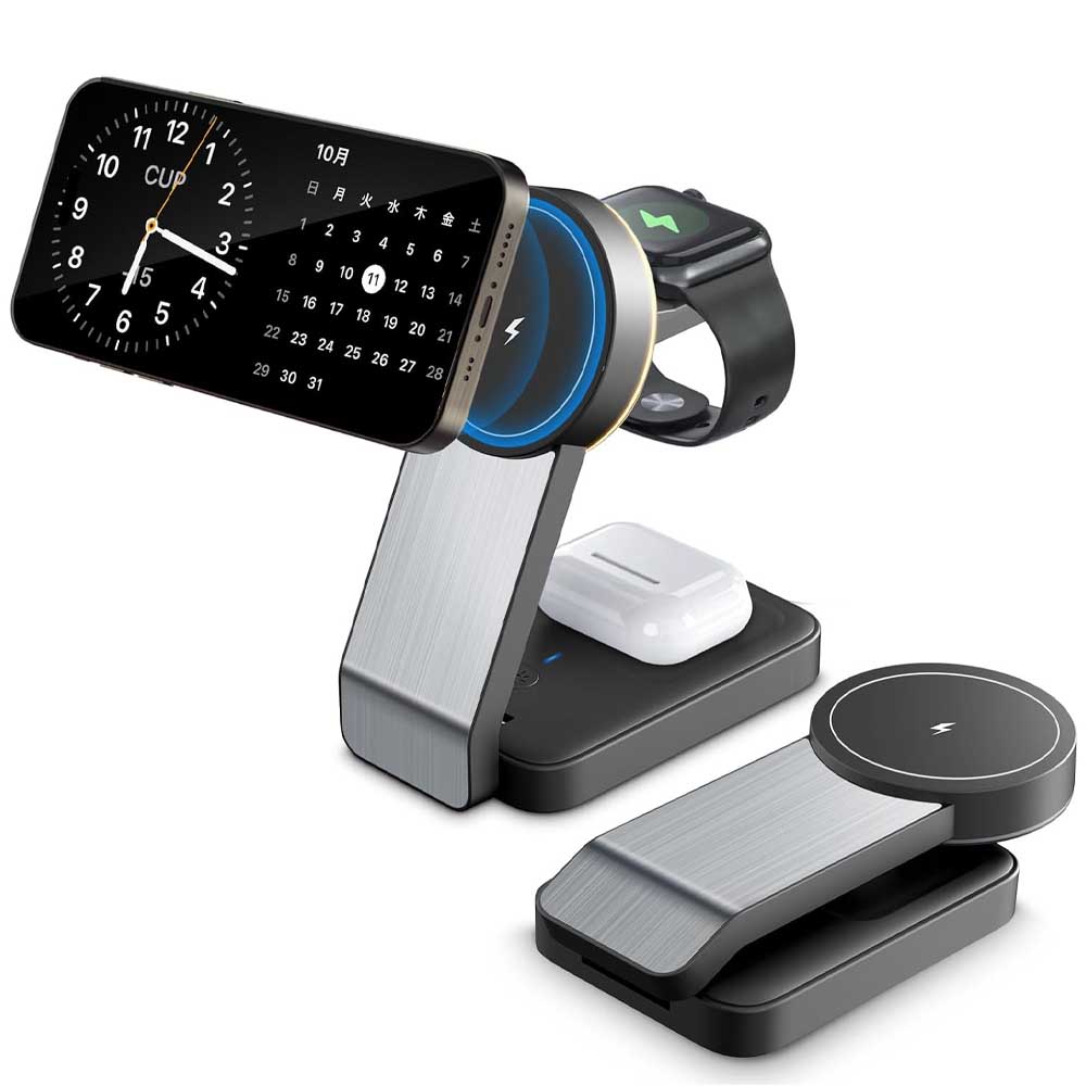 新型折り畳み MagSafe 充電パッド 3台同時 3in1 充電器 15W 置くだけ充電スタンド 急速充電 Qi急速充電 15W ワイヤレス マグネット アップルウォッチ イヤホン 磁石 最大15W出力 急速充電 iPhone15/14/13/12/Apple Watch Airpods/2/3/Pro/Pro 2 送料無料