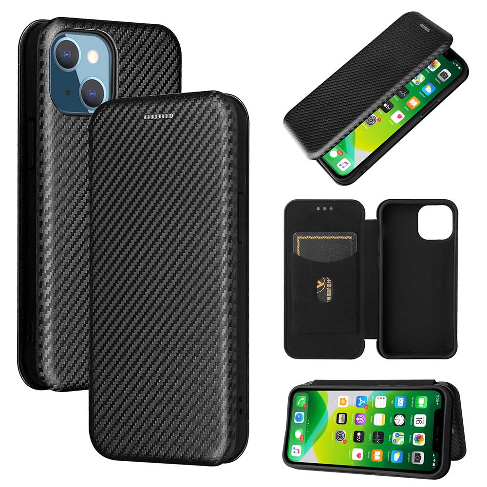 Rakuten - 【送料無料】iPhone13mini 手帳型 薄型 カーボンファイバー 炭素繊維カバー TPU 保護バンパー 財布型 マグネット式 カード収納 落下防止 ホルダ 横開き