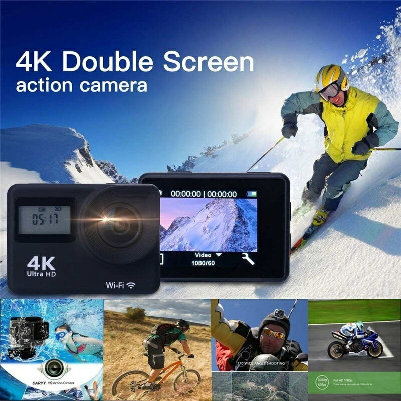 4K Wi-Fi アクションカム スポーツ カメラ 高感度 ツインディスプレイ 30メートル防水ハウジング 170度ワイド広角レンズ スローモーション撮影 タイムラプス動画 静止画高速バースト連写モード 1200万画素高解像度 Android iPhone対応 ☆IP68防水認証済み