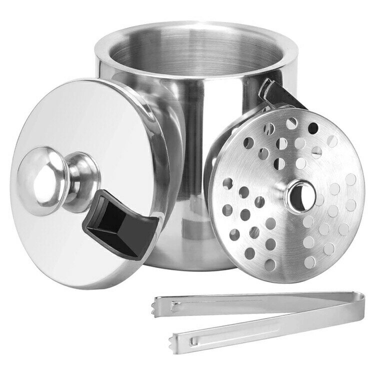 送料無料 アイスペール 1.3L 二重構造 真空断熱 アイスバケツ 業務用アイスペール 全ステンレス構造 ステンレスブラック アイスバケット 蓋 アイストング付き