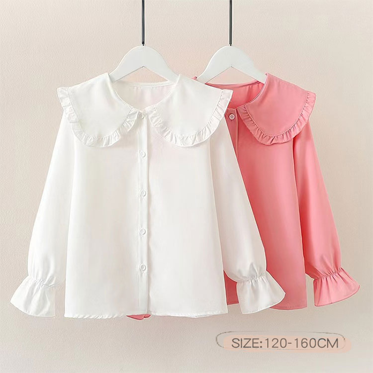 乐天商城 - 送料無料 子供服 女の子 ブラウス 長袖 キッズ シャツ 白 ホワイト ピンク 丸衿 ジュニア シャツ フォーマル トップス フリル 白ブラウス 無地 結婚式 入園式 入学式 卒園式 発表会 卒業式 女の子シャツ 七五三 プリンセスシャツ