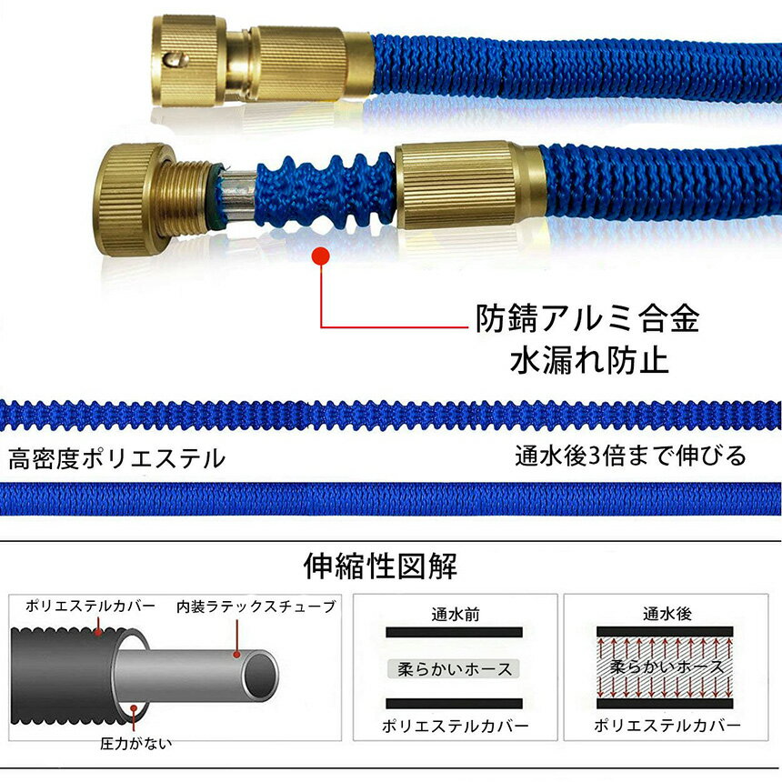 伸びるホース 15m　3倍 伸縮ホース 洗車 散水 伸縮 洗車 ホース 伸びる 縮む　金属...