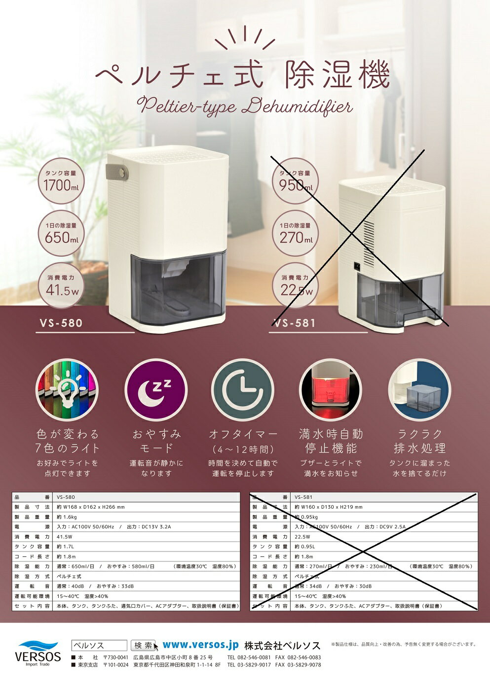 VERSOS 除湿器 オフタイマー機能搭載 コンパクト除湿機 VS-580 ペルチェ式 お風呂場 台所 オフィス 1700ML vs-580