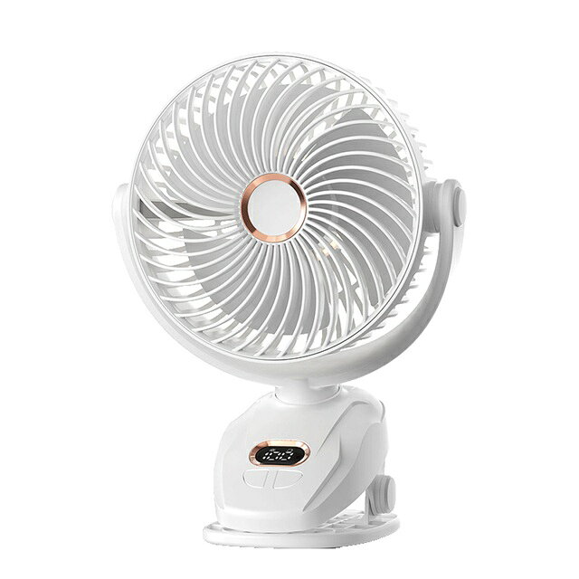 【クリップ・卓上・壁掛け・吊り下げ対応】4WAY充電式サーキュレーターファン コンパクトなのにパワフル。 卓上扇風機・クリップ扇風機・壁掛け扇風機・吊り下げ扇風機の4WAYで使用できる、 多機能充電式サーキュレーターファンです。 USB Type-C充電式なので、デスク・キッチン・寝室・車内・ベビーカー・キャンプ・アウトドアなど、 さまざまな場所で快適な風を届けます。 ■ 左右自動首振りで広範囲に送風 左右約90°の自動首振り機能を搭載。 さらに上下約90°まで手動で角度調整ができ、周囲へ効率よく風を循環させます。 冷暖房と併用すればエアコン効率もアップし、省エネ対策にも役立ちます。 ■ パワフル送風を実現する3枚羽根設計 空気の流れを効率よく生み出す3枚羽根を採用。 コンパクトサイズながらワイドで力強い送風を実現しました。 静音設計のため、仕事中や就寝時、お子様のお昼寝にも快適に使用できます。 ■ 5段階風量調節 微風から強風まで5段階で風量を調整可能。 季節や使用環境に合わせて、お好みの風量を細かく設定できます。 ■ LEDデジタルディスプレイ搭載 風量レベル・バッテリー残量・運転状態をLEDディスプレイへリアルタイム表示。 充電タイミングが一目で分かるため、外出先でも安心して使用できます。 ■ やさしいLEDナイトライト搭載 暖かみのあるLEDライトを内蔵。 寝室・授乳・お子様のお部屋・アウトドア・車中泊など、夜間でも快適な空間を演出します。 ■ USB Type-C急速充電対応 USB Type-Cポートを採用。 USB充電器・モバイルバッテリー・パソコンなど様々なUSB電源から手軽に充電できます。 ■ 安心の保護回路内蔵 過充電・過放電・過電流などを防止する保護チップを搭載。 毎日の使用でも安心してお使いいただけます。 ■ こんなシーンにおすすめ ・デスクワーク ・オフィス ・キッチン ・洗面所 ・寝室 ・リビング ・脱衣所 ・ベビーカー ・ベビーベッド ・キャンプ ・アウトドア ・車中泊 ・テント内 ・スポーツ観戦 ・熱中症対策 ■ 商品仕様 商品名：4WAY充電式クリップファン 電源：DC5V（USB Type-C） 定格電流：1.2A 定格消費電力：10W バッテリー：リチウムイオン電池内蔵 風量調節：5段階 首振り：左右約90°自動首振り 角度調整：上下約90°手動調整 ライト：LEDナイトライト搭載 本体サイズ：約178×132×239mm ■ 検索キーワード クリップファン 充電式 卓上扇風機 小型扇風機 サーキュレーター USB扇風機 壁掛け扇風機 吊り下げ扇風機 卓上ファン クリップ扇風機 コードレス扇風機 USBファン Type-C 扇風機 LEDディスプレイ 首振り 静音 強力送風 オフィス 寝室 キャンプ ベビーカー アウトドア 車中泊 熱中症対策 省エネ おしゃれ 保障：輸入品の為、初期不良時のみの対応となります。 ※日本語説明書は付属しておりません。