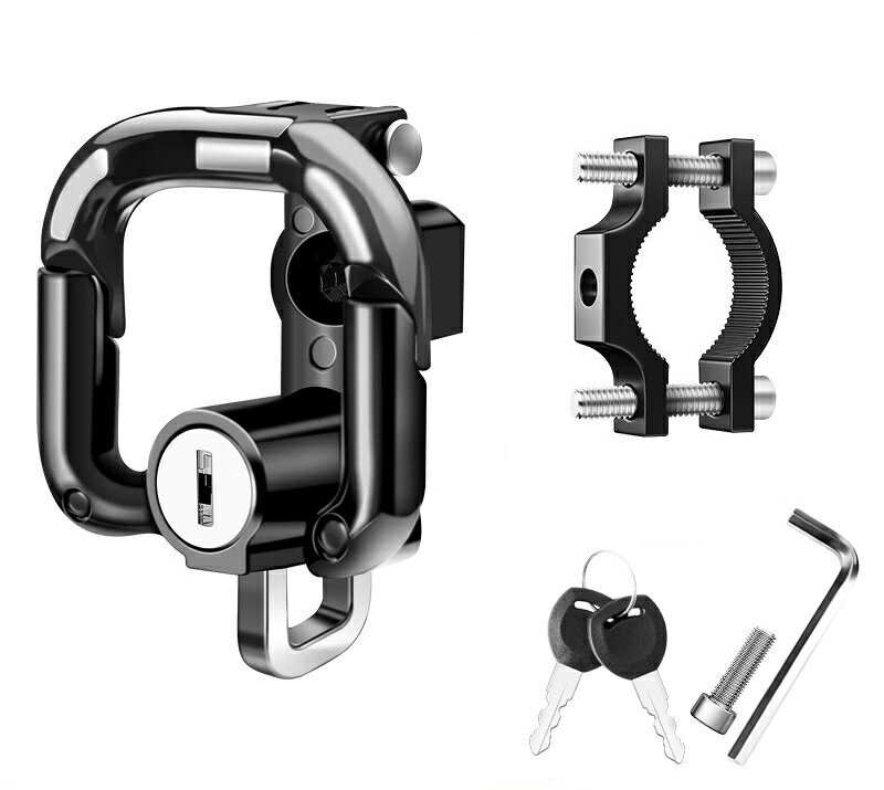 ヘルメットフックロック ダブルフック式 汎用 防犯ロック 鍵付き 多用途フック バイク・スクーターなどの車体に取り付けて、ヘルメットやバッグ、 荷物などをしっかり固定できる「ヘルメットフックロック」です。 従来の純正フックと交換して取り付けられるほか、付属のパイプクランプを使用することで、 直径20～38mmの自転車の丸パイプにも取り付け可能。 ヘルメットを掛けるだけでなく、ストラップやバッグ、ロープなど、さまざまな小物の 固定・収納に活用できます。 鍵付きのロック機構を採用しているため、ヘルメットや荷物の盗難対策にも便利です。 ■ ダブルフック＆ロックで便利に使える 上部には大きなダブルフックを備え、ヘルメットのあご紐やストラップなどを掛けることができます。 下部にもフックを備えているため、ヘルメットだけでなく、バッグや小物、レジ袋などを掛けることが可能。 1台で「掛ける」と「ロックする」を兼ね備えた、多用途なフックロックです。 ■ 鍵付きで大切な荷物をしっかりガード 鍵を使ってフック部分をロックできるため、ヘルメットや荷物の簡易的な盗難対策として活躍します。 バイクから離れる際にも、ヘルメットを持ち歩く手間を軽減できます。 ■ 丈夫なアルミ合金・金属製 本体にはアルミ合金・金属素材を採用。 厚みのあるロック構造と頑丈なフック形状により、日常的な使用に適したしっかりとした作りになっています。 表面は摩耗やサビに配慮した仕様で、屋外で使用するバイク用品として使いやすい設計です。 ■ 純正フックとの交換で簡単取り付け 純正フックを取り外して、本製品へ交換するだけの簡単取り付け。 取り付け手順もシンプルで、工具を使ってネジを固定するだけなので、比較的簡単に取り付けできます。 ※車種や取り付け箇所によっては加工が必要となる場合があります。 ■ パイプクランプにも対応 純正フックを取り付けられない車種でも、付属のパイプクランプを使用することで取り付け可能。 直径20～38mmの丸パイプに対応しているため、ハンドル周辺や車体の丸パイプなど、さまざまな場所に 取り付けできます。 ※取り付け可能かどうかは、車体の形状・寸法をご確認ください。 ■ スタイリッシュなデザイン ブラックをベースのスタイリッシュなデザイン。 バイクの車体に取り付けても違和感が少なく、機能性だけでなくドレスアップパーツとしても楽しめます。 【商品仕様】 商品名：ダブル防犯フックロック／ヘルメットフックロック 素材：アルミ合金・金属 カラー：ブラック ネジ：約6mm 対応車種：共通・汎用タイプ 対応パイプ径：約20～38mm 本体サイズ：約 幅60mm × 長さ58mm フック部分：約48mm ロック部分：約33mm ※サイズは製造ロットにより多少の誤差が生じる場合があります。 【セット内容】 ・ヘルメットフックロック本体 ・鍵 ・取り付け用パーツ ・パイプクランプ ※セット内容の詳細は商品画像をご確認ください。 【取り付けについて】 純正フック部分へ取り付ける場合は、純正フックを取り外して本製品を取り付けます。 パイプへ取り付ける場合は、付属のパイプクランプを使用して固定してください。 取り付け後はネジがしっかり締まっていることを確認してからご使用ください。 【ご注意】 ・本製品は盗難を完全に防止するものではありません。 ・取り付け場所や車種によっては取り付けできない場合があります。 ・対応パイプ径をご確認のうえお取り付けください。 ・走行中に荷物などを掛けたまま使用しないでください。 ・取り付け後は各部が確実に固定されていることを確認してください。 ・本製品の用途以外には使用しないでください。 ・商品画像と実際の商品では、色合いや質感が多少異なる場合があります。 ・製造時期により仕様やデザインが予告なく変更される場合があります。 ※説明書は付属しておりません。商品説明の画像を御参照下さい。【送料無料】メール便での発送予定となります