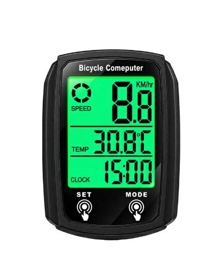 サイクルコンピューター 自転車用 19機能 有線式 スピードメーター 防水 バックライト LCD 液晶 サイクリング中のさまざまな 走行データをひと目で確認できる 19機能搭載の多機能サイクルコンピューターです。 速度・走行距離・走行時間・平均速度 最高速度・温度・時計・カロリーなど サイクリングに便利な情報をまとめて確認できます。 大きく見やすいLCD画面に加え バックライト機能を搭載。 夜間や暗い場所でも画面を確認しやすく 時間帯を問わず快適なサイクリングをサポートします。 また、センサーと本体を有線で 接続するタイプのため 走行中のデータを安定して計測できます。 ●19機能搭載 ●見やすいLCDディスプレイ ●バックライト搭載 ●小雨・水しぶきに対応 ●メンテナンスリマインダー ●コンパクト設計 保証：輸入品の為初期不良時のみの対応となります
