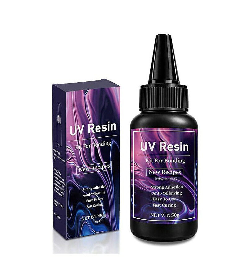 UVレジン 接着剤 50g 速硬化 4-10秒 強力接着 透明 黄ばみにくい UV硬化 レジン液 ガラス 4-10秒で瞬間硬化！ 透明＆強力接着のUVレジン「秒速レジン職人」が登場！ ●4-10秒でスピード硬化！ UVライトを当てるだけで素早く硬化！ 待ち時間が少なく、作業効率アップ。 細かな補修や接着作業もスムーズに行えます。 ●強力接着＆透明仕上げ ●黄ばみにくく美しい仕上がり ●幅広い素材に対応 ●DIY・ハンドメイド・修理補修に大活躍！ ●こんな方におすすめ ・アクセサリー制作をしたい・割れた小物を直したい ・DIY補修をしたい・強力な透明接着剤を探している ・速く固まる接着剤が欲しい ●注意事項 こちらの商品ページはレジン液のみです。 UVライトは付属しておりません。