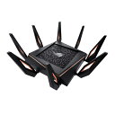 ＜無線LAN＞■対応周波数：5GHz-1帯 4×4、5GHz-2帯 4×4、2.4GHz帯 4×4（送信4×受信4）■データ帯域：　802.11ax(5GHz-1/5GHz-2)：最大4804Mbps　802.11ax(2.4GHz)：最大1148Mbps　802.11ac（5GHz-1/5GHz-2 Nitro-QAM適用時）：最大4333Mbps　802.11n（2.4GHz Nitro-QAM適用時）：最大1000Mbps　802.11ac：最大4366Mbps、802.11n：最大600Mbps、802.11a/g：最大54Mbps　802.11b：最大11Mbps■通信速度（規格値）　4804Mbps×2(11ax/5GHz帯)　1148Mbps(11ax/2.4GHz帯)■対応チャンネル　[5GHz帯]　W52: 36/40/44/48ch　W53: 52/56/60/64ch　W56: 100/104/108/112/116/120/124/128/132/136/140ch　[2.4GHz帯]　1〜13ch＜有線LAN＞■WAN：1000Mbps（1ポート）■WAN/LAN：2500Mbps（1ポート）■LAN：1000Mbps（4ポート）搭載機能リンクアグリゲーションAdaptive QoSMU-MIMOAiProtectionトラフィックアナライザースマートコネクトWTFast Gamers Private Networkペアレンタルコントロールゲストネットワーク 2.4 GHz x 3, 5 GHz-1 x 3, 5 GHz-2 x 3PPTP VPN Server, Open VPN server, IPSec VPN ServerPPTP Client, L2TP Client, Open VPN clientTime Machine for MacメディアサーバーASUS AiCloud3G/4G USBテザリングプリンターサーバーダウンロードマスター- Support bt, nzb, http, ed2kSamba共有デュアルWANIPTVAiRadar(ビームフォーミング)インターフェースWAN（RJ-45×1、インターフェース：1000BASE-T/100BASE-TX/10BASE-T/Gigabits）LAN（RJ-45×4、インターフェース：1000BASE-T/100BASE-TX/10BASE-T/Gigabits）USB 3.1 Gen 1 x 2電源対応入力電圧：100V~240V(50~60Hz)ACアダプター出力：19 V（最大3.42 A）消費電力65Wサイズ幅240 × 高さ240 × 奥行き60 mm (WxHxD)質量1717g保証期間2年対応OSWindows? 10 64ビット/32ビットWindows? 8.1 64ビット/32ビットWindows? 8 64ビット/32ビットWindows? 7 64ビット/32ビットWindows? Vista 64ビット/32ビットWindows? XP 64ビット/32ビットMac OS X 10.11Mac OS X 10.10Mac OS X 10.9Mac OS X 10.8Mac OS X 10.7Mac OS X 10.6Mac OS X 10.5Linux主な付属品アンテナ×8、ACアダプター、LANケーブル、クイックスタートガイド、保証書UPC code192876185025その他CPU：Broadcom BCM4908クロック数：クワッドコア 1.8GHz推奨利用台数：36台推奨環境：戸建 3階建て、マンション 4LDK以上アンテナ数：8本（外付け）ストリーム数：4ストリーム