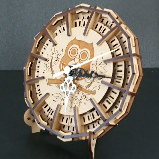 3Dパズル組立時計フクロウ1：キット品（ピース平板）：組木造形「カチッとクロス」　送料無料