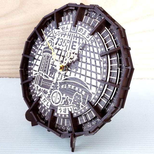 3Dパズル組立時計マンホール（明石市）：キット品（ピース平板）：ウォルナットMDF　組木造形「カチッとクロス」　送料無料