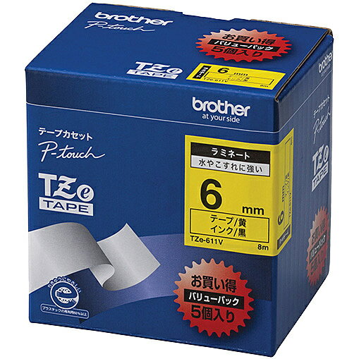 楽天デジタル百貨店PodPark楽天市場店【送料無料】【ブラザー純正】ピータッチ ラミネートテープ TZe-611V 幅6mm （黒文字/ 黄/ お得5本パック）【在庫目安:お取り寄せ】| テープ ラベル ラベルライター 交換テープ カートリッジ テープライター