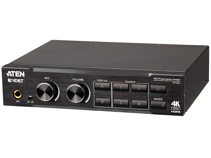 【送料無料】ATEN VP1421 4入力2出力プレゼンマトリックススイッチャー（4K60p、スケーリング、DSP、HDBaseT-Lite対応）【在庫目安:お取り寄せ】