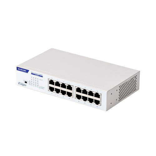 法人専用/Giga対応スイッチングHub/16ポート/金属筐体/電源内蔵モデル/ホワイト ■Giga(1000BASE-T)対応、電源内蔵のメタル筐体16ポートスイッチングハブです。 ■伝送速度:1000Mbps(1000BASE-T)、100Mbps(100BASE-TX)、10Mbps(10BASE-T) ■準拠規格:IEEE 802.3ab、IEEE 802.3u、IEEE 802.3 ■スイッチング方式:ストア＆フォワード ■通信方式:フルデュプレックス、ハーフデュプレックス ■ポート数:16ポート ■Auto MDI/MDI-X:対応 ■オートネゴシエーション:対応 ■コネクター形状:RJ-45×16 ■バッファメモリー:512Kbytes(各ポートに動的割り当て) ■MACアドレス登録数:8192件(全ポート合計) ■ループ検知・防止機能:ループ検知 ■電源仕様:内蔵電源 ■入力電圧:AC100240V±10% 50/60Hz ■消費電力:7.5W(最大) ■外形寸法:約W215.5×D125.0×H42.0mm(本体のみ) ■質量:約820g(本体のみ) ■筐体材質(カラー):メタル(ホワイト) ■動作時環境条件:温度:0℃50℃、湿度:10%90%(ただし結露なきこと) ■法令対応:EU RoHS準拠(10物質) ■適合規格:VCCI Class A ■パッケージ内容:製品本体1台 専用ACケーブル(3ピン、約1.8m)1本 3ピン-2ピン変換アダプター1個 ACケーブル抜け防止バンド1個 19インチラック取付金具2個 ゴム足4個 他 ■保証期間:1年間 詳細スペック タイプスイッチングハブ 標準ポート数16 通信速度1000Mbps(1000BASE-T)、100Mbps(100BASE-TX)、10Mbps(10BASE-T) AUTO-MDIX機能ありAutoMDI/MDI-X MACアドレス登録件数8192件 本体カラーホワイト 筐体材質メタル 電源AC100240V±10%50/60Hz内蔵電源 ラックマウントキットあり19インチラックマウント 本体重量820g 最大消費電力7.5W 本体サイズ(H)42mm 本体サイズ(W)216mm 本体サイズ(D)125mm 電気用品安全法(本体)非対象 電気用品安全法(付属品等)非対象