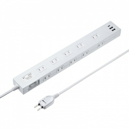 【送料無料】サンワサプライ TAP-SP2110NUC-2W 雷タップ 10個口＋USB-A＋Type-C（PD20W）ホワイト・2m【在庫目安:お取り寄せ】
