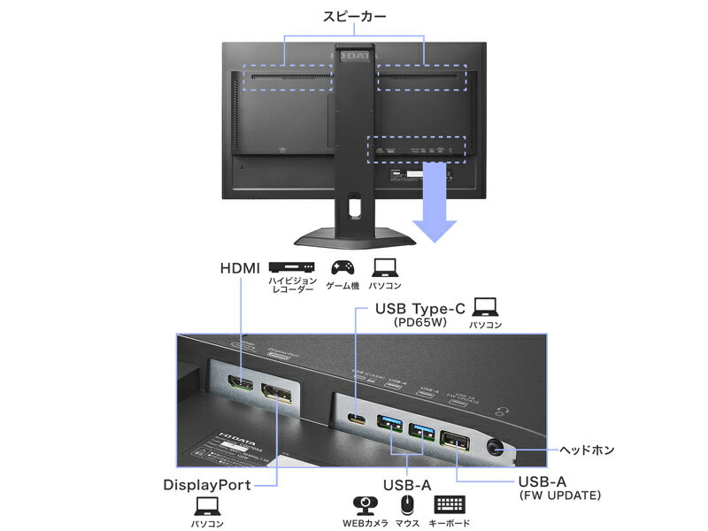 【送料無料】IODATA LCD-CQ270SA-F ワイド液晶ディスプレイ 27型/ 2560×1440/ HDMI、DisplayPort、USB Type-C/ ブラック/ スピーカー：あり/ 省スペース＆WQHD対応で効率アップ/ 5年保証【在庫目安:僅少】