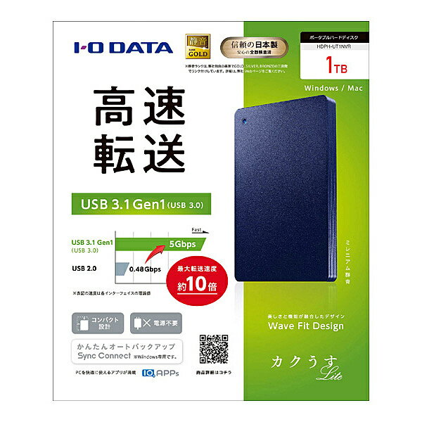 【送料無料】IODATA HDPH-UT1NVR USB3.2 Gen1/ 2.0対応ポータブルハードディスク「カクうす Lite」 ミレニアム群青 1TB【在庫目安:僅少】| パソコン周辺機器 ポータブル 3