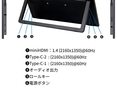 【送料無料】JAPANNEXT JN-MD-IPS13U2KP 液晶ディスプレイ 13型/ 2160×1350/ USB Type-C×2、miniHDMI×1/ ブラック/ スピーカー有/ 2年保証【在庫目安:僅少】