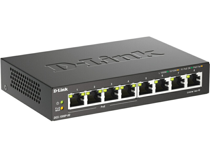 【送料無料】D-Link DGS-1008P-80/A1 ギガビットアンマネージドスイッチ、PoE+対応(最大80W給電)、10/ 100/ 1000BASE-Tポート×8 (内PoE+×4)、外部電源、メタル筐体、リミテッドライフタイム保証対象【在庫目安:お取り寄せ】| パソコン周辺機器