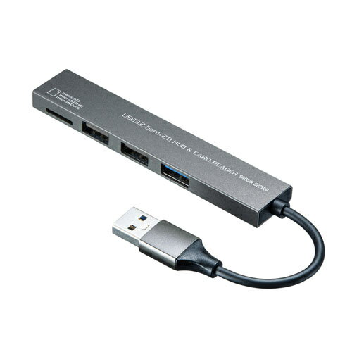 USB 3.2 Gen1+USB2.0 コンボ　スリムハブ(カードリーダー付き）詳細スペックUSB規格USB仕様Ver3.2Gen1(USB3.1/3.0)準拠(USBVer2.0/1.1上位互換)ダウンストリームポート数3アップストリームポート数1最大通信速度5000Mbps電源バスパワー対応OSWindows11、10、8.1、8、7macOS（BigSur）11、macOS10.12〜10.15、OSX10.10、10.11本体サイズ(H)10mm本体サイズ(W)110mm本体サイズ(D)36mm電気用品安全法(本体)非対象電気用品安全法(付属品等)非対象電気用品安全法(備考)電源に直接接続しないため
