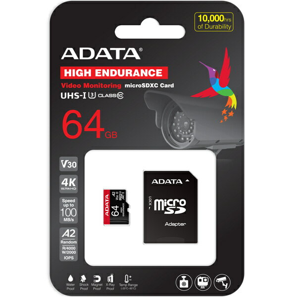 【送料無料】A-DATA Technology AUSDX64GUI3V30SHA2-RA1 microSDXCカード 64GB UHS-I U3 CLASS10 高耐久仕様 SD変換アダプター付属/ 2年保証【在庫目安:お取り寄せ】