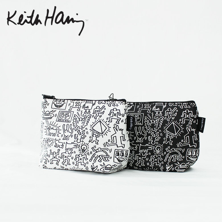 Keith Haring キースヘリング Poach / 総柄 ハート ポーチ メンズ レディース ギフト プレゼント 軽量 通学 おしゃれ フェス 学生 かわいい 可愛い 黒 ブラック 合皮 便利 個性的 派手 人気 ブランド 女の子 女子 中学生 高校生 大人