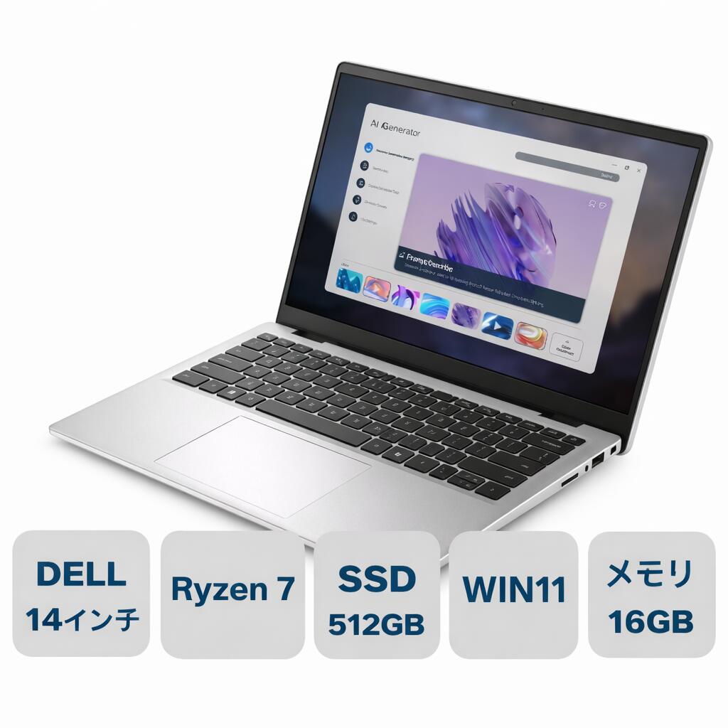 新品 DELL デル ノートパソコン Dell 14 14型 FHD+/ Ryzen 7 250 ( Core i7 同等性能)/ メモリ 16GB/ SSD 512GB/ Windows 11/ Webカメラ　シルバー