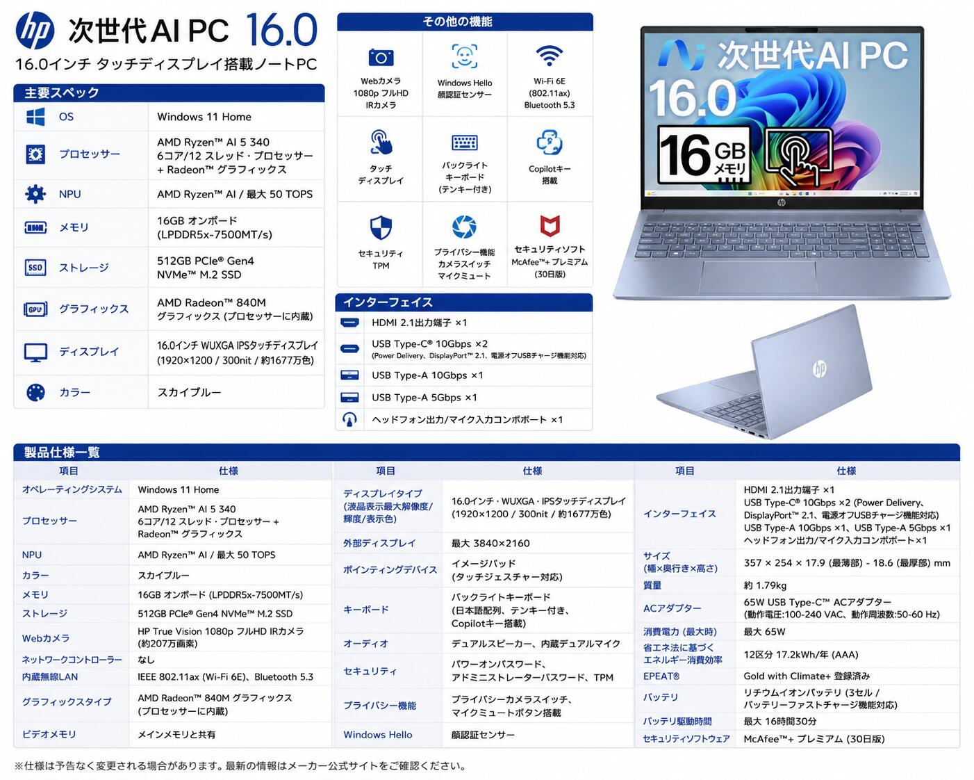 Rakuten - 新品　OmniBook 5 16 Ryzen AI 5 340・16GBメモリ・512GB SSD・WUXGA・IPSタッチディスプレイ搭載 [スカイブルー]