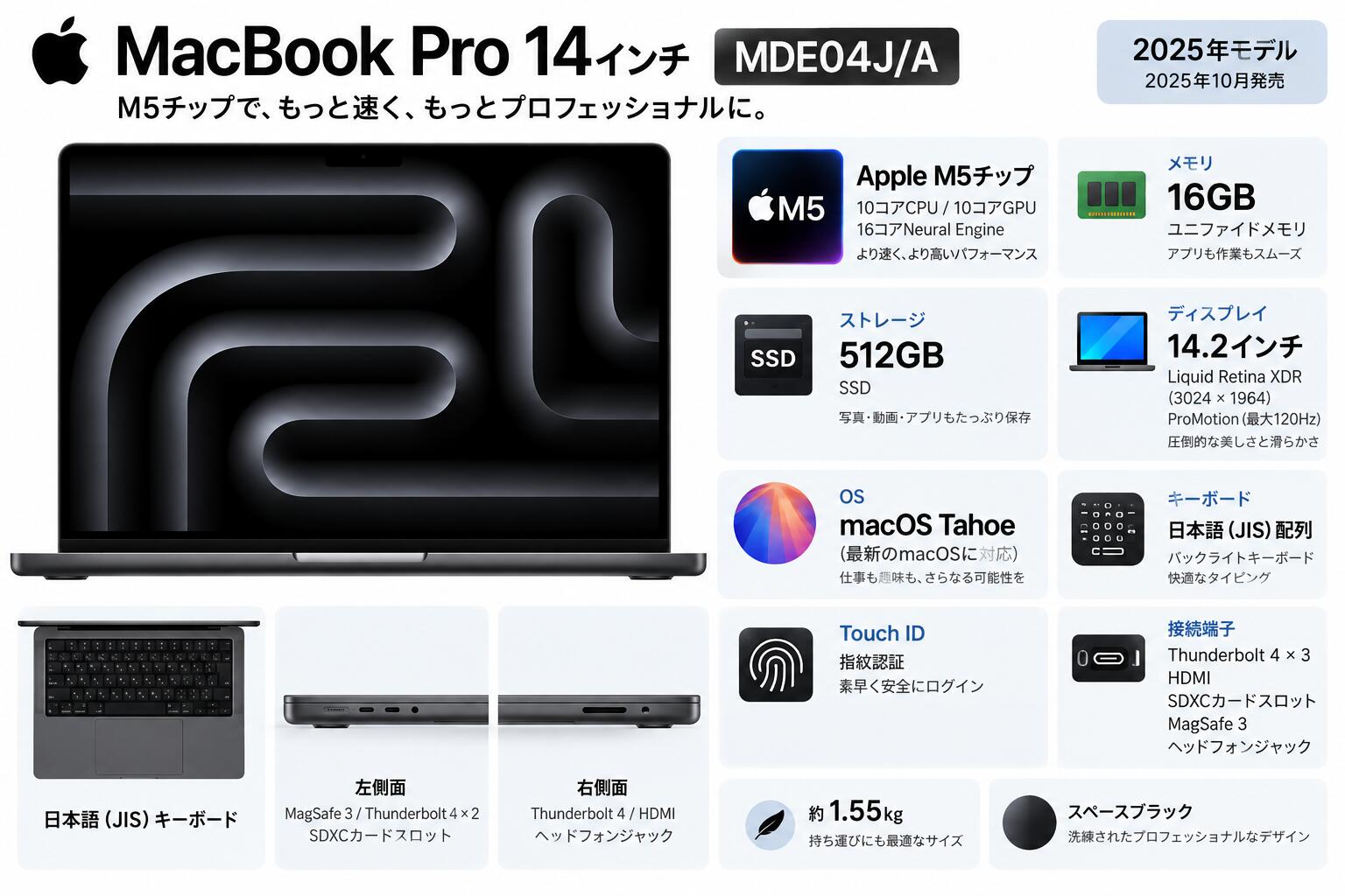 展示品 アップル Apple MacBook Pro mde04j/a 14インチ Liquid Retina XDRディスプレイ Apple M5チップ メモリ 16GB SSD 512GB 日本語キーボード スペースブラック