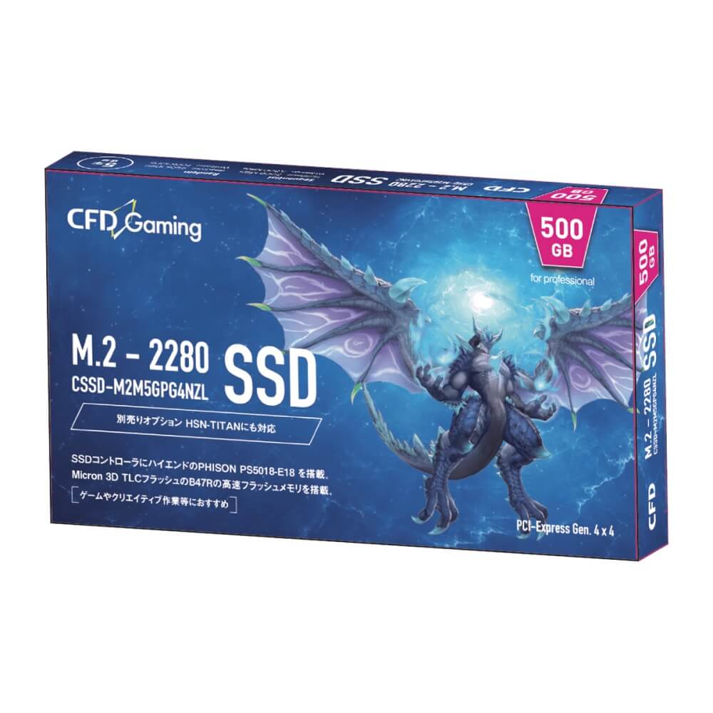 CFD Gamingモデル M.2-2280(NVMe) 採用 500GB SSD高速転送インターフェース PCIe Gen.4 x4接続をサポート。 優秀なSSDコントローラと高耐久かつ高速なMicron B47R 3D TLCフラッシュにサポート用キャッシュメモリとしてDDR4を搭載しています。CSSD-M2M5GPG4NZL容量500GB接続方式M.2 (PCIe4x4 NVMe1.4)シーケンシャルリード7000 MB/sシーケンシャルライト3000 MB/sランダムリード450K IOPSランダムライト700K IOPS保証期間メーカー保証:5年間備考最大350TBW最新情報につきましてはメーカーHPにてご確認くださいませ。◆◆ご注文前に必ずご確認ください◆◆・製品デザイン及び付属品・色・仕様等は予告なく変更される場合があります。(例:チップ配列含む基盤デザイン、色合い、マニュアルDL化など)・ご注文時や出荷時に仕様の指定はお承り致しておりません。(例:チップ構成やBIOSのリビジョンなど)・仕様変更に伴う交換、ご返品につきましてはお受けできません・万が一初期不良が発生した場合は交換・返品等の対応をさせていただきます。 対応保証期間が過ぎた場合は原則、有償修理扱いとなりますのでご注意下さい。・対応機種間違いなどの返品・交換には一切応じられません。予めよくご確認の上お求めください。・メーカー製/ブランドPCへの取付けに関しましては弊社にて動作保証が出来ませんので自己責任にてお取り付けください。・製品特性上、随時仕様詳細が変更する場合もございます。最新情報はメーカーサイトを必ずご確認下さい。・同一商品多数ご要望の方はご注文前に予めご連絡頂きますようお願いいたします。・商品開封後の返品はご遠慮頂いておりますので予めご了承くださいませ。・ご予約・お取寄せ商品等は入荷後随時配送となりますので、着日指定はご遠慮下さい。