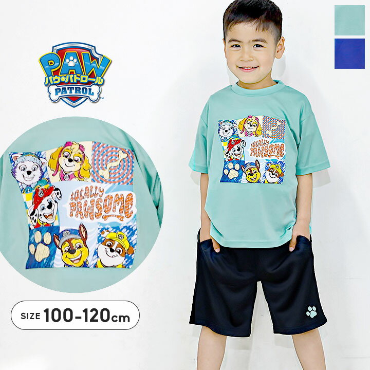 Rakuten - パウ・パトロール 半袖上下セット キッズ 夏 Tシャツ ハーフパンツ ウエストゴム 通園 通学 公園遊び お出かけ 動きやすい 男の子 キャラクター セットアップ 100 110 120cm グリーン ブルー メール便送料無料