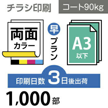 データ印刷 データ出力 ネット印刷 出力 チラシ 刷る プリント 1000枚【チラシ印刷】A3サイズ A3（B4／変形可）コート90kg／3日後出荷／両面フルカラー／オリジナル　データ入稿／オフセット印刷