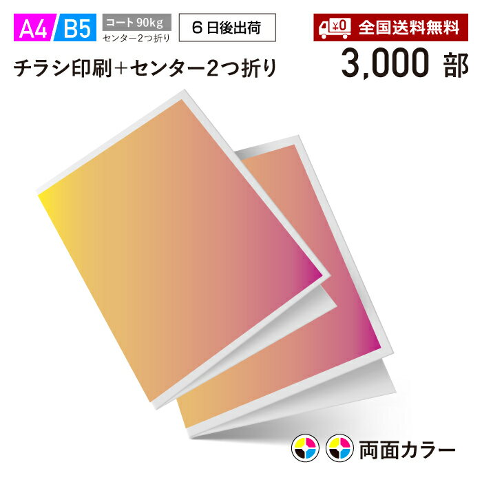 チラシ 印刷 3000枚 A4（ B5・変形可） 2つ折り 両面フルカラー チラシ印刷 コート90kg 6日後出荷（印刷5日＋折加工1日） オフセット印刷 データ印刷 データ出力 ネット印刷 出力 チラシ 刷る プリント Canva デザイン印刷