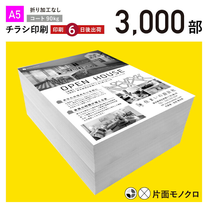 チラシ印 A5サイズ B6／変形可 3000枚 コート90kg／6日後出荷／片面モノクロ／オリジナル データ入稿／オフセット印刷