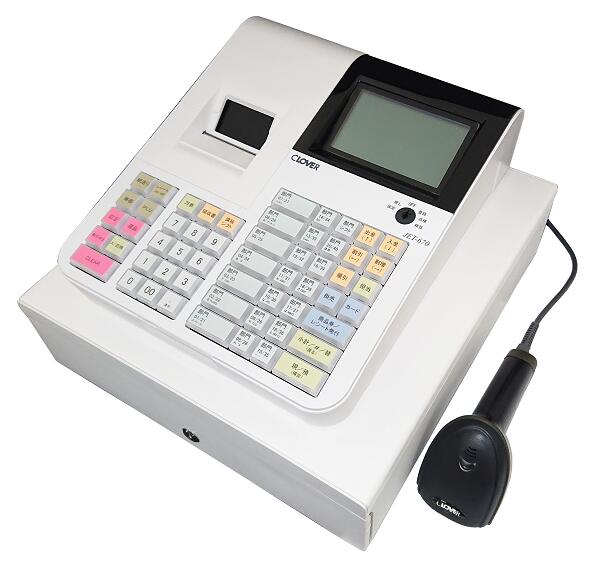 【訳あり品】軽減(複数)税率対応 JET-680 感熱紙 小型レジスタードロア一体型 3札6コイン バーコードスキャナ付属 CLOVER