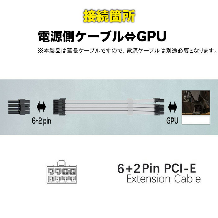 【送料無料】6+2Pin GPU用 電源延長ケーブル 2本セット デスクトップパソコン内部用 ホワイト コネクタタイプ：メス-オス ゲーミングPC用 PCパーツケーブル【新品】