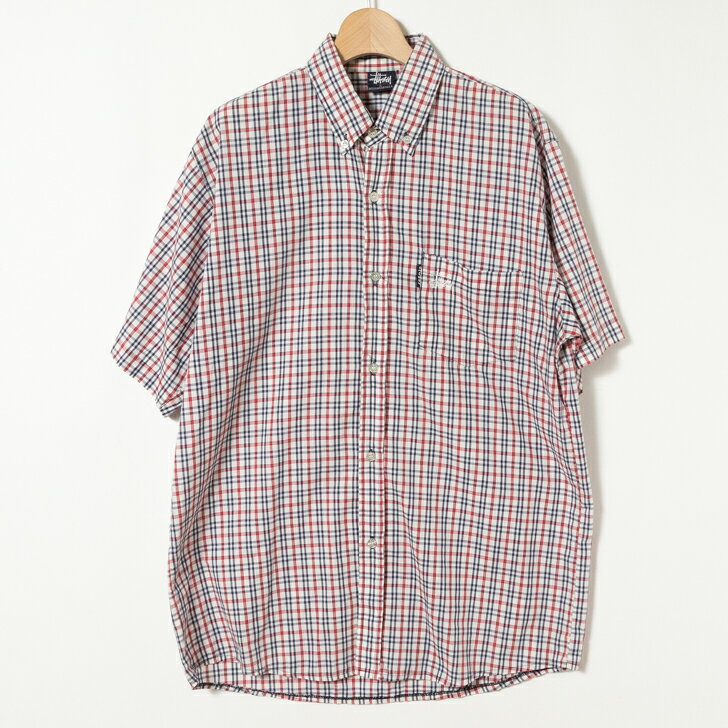 【中古】90s USA製 紺タグ STUSSY ステューシー ロゴ刺繍 チェックシャツ L
