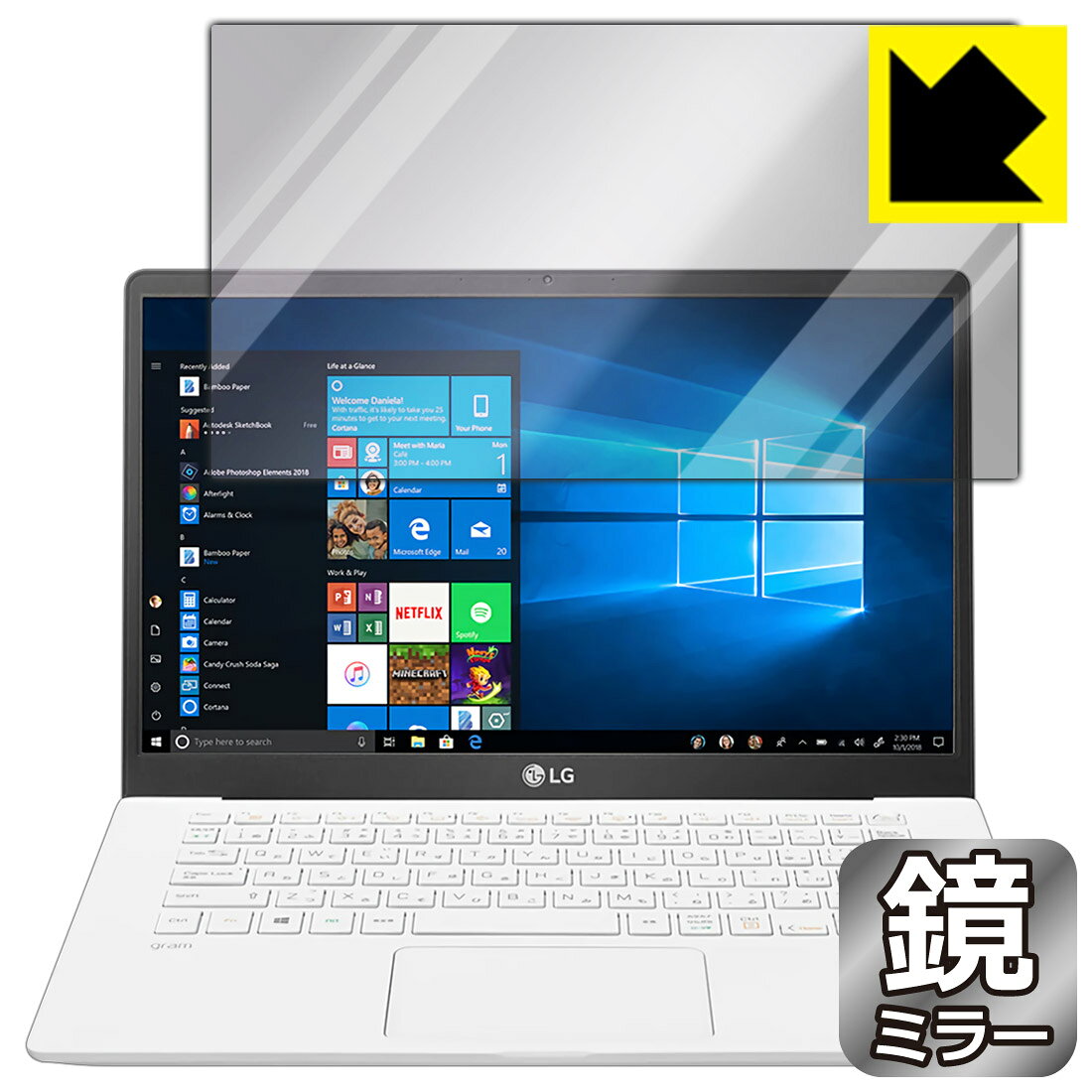 ●対応機種 : LGエレクトロニクス LG gram 14インチ 14Z90Nシリーズ (2020年モデル)●製品内容 : 液晶用1枚●画面が鏡になり、機器の画面でさりげなく身だしなみチェック！のぞき見防止にも！●安心の国産素材を使用。日本国内の自社工場で製造し出荷しています。【ポスト投函送料無料】商品は【ポスト投函発送 (追跡可能メール便)】で発送します。お急ぎ、配達日時を指定されたい方は以下のクーポンを同時購入ください。【お急ぎ便クーポン】　プラス110円(税込)で速達扱いでの発送。お届けはポストへの投函となります。【配達日時指定クーポン】　プラス550円(税込)で配達日時を指定し、宅配便で発送させていただきます。【お急ぎ便クーポン】はこちらをクリック【配達日時指定クーポン】はこちらをクリック 　 画面が消えると鏡に早変わり！さりげない身だしなみのチェックなどに活用できます。透明フィルムより映り込みがありますので、その分、のぞき見防止の効果もあります。 ※構造（ハーフミラー）の都合上、貼り付ける面が暗い色の場合にだけ鏡のように見えます。そのため、白色など明るい色の機器に貼り付けたときには、明るい色の部分が鏡に見えません。この製品は黒い色の機器でのご利用をおすすめします。 ※仕様上、一般的な保護シートより光線透過率が下がります(約50%)。ご了承ください。 ハードコート加工がされており、キズや擦れに強くなっています。簡単にキズがつかず長くご利用いただけます。 指紋や汚れのつきにくい防汚コーティングがされています。 接着面は気泡の入りにくい特殊な自己吸着タイプです。素材に柔軟性があり、貼り付け作業も簡単にできます。また、はがすときにガラス製フィルムのように割れてしまうことはありません。 貼り直しが何度でもできるので、正しい位置へ貼り付けられるまでやり直すことができます。 最高級グレードの国産素材を日本国内の弊社工場で加工している完全な Made in Japan です。安心の品質をお届けします。 使用上の注意 ●本製品は機器の画面をキズなどから保護するフィルムです。他の目的にはご使用にならないでください。 ●本製品は液晶保護および機器本体を完全に保護することを保証するものではありません。機器の破損、損傷、故障、その他損害につきましては一切の責任を負いかねます。 ●製品の性質上、画面操作の反応が変化したり、表示等が変化して見える場合がございます。 ●貼り付け作業時の失敗(位置ズレ、汚れ、ゆがみ、折れ、気泡など)および取り外し作業時の破損、損傷などについては、一切の責任を負いかねます。 ●水に濡れた状態でのご使用は吸着力の低下などにより、保護フィルムがはがれてしまう場合がございます。防水対応の機器でご使用の場合はご注意ください。 ●アルコール類やその他薬剤を本製品に付着させないでください。表面のコーティングや吸着面が変質するおそれがあります。 ●品質向上のため、仕様などを予告なく変更する場合がございますので、予めご了承ください。