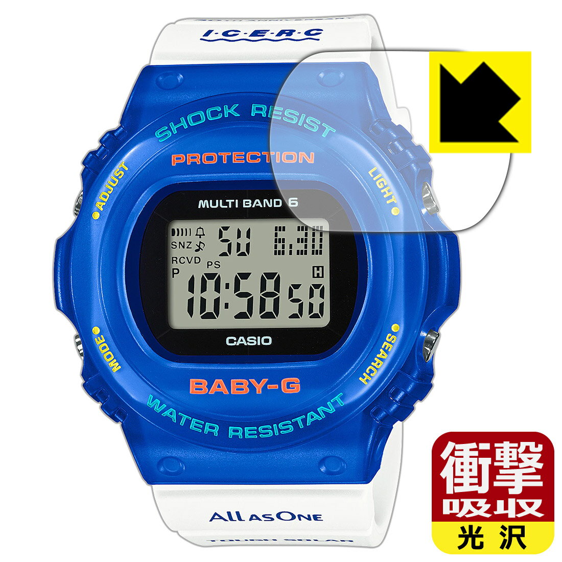 ●対応機種 : CASIO BABY-G BGD-5700シリーズ　　※アイサーチ・ジャパンとコラボレーションしたイルカクジラモデルの「BGD-5700UK-2JR」にも対応しています。●内容量 : 1枚●特殊素材の衝撃吸収層が外部からの衝撃を吸収し、機器へのダメージをやわらげます。●安心の国産素材を使用。日本国内の自社工場で製造し出荷しています。【ポスト投函送料無料】商品は【ポスト投函発送 (追跡可能メール便)】で発送します。お急ぎ、配達日時を指定されたい方は以下のクーポンを同時購入ください。【お急ぎ便クーポン】　プラス110円(税込)で速達扱いでの発送。お届けはポストへの投函となります。【配達日時指定クーポン】　プラス550円(税込)で配達日時を指定し、宅配便で発送させていただきます。【お急ぎ便クーポン】はこちらをクリック【配達日時指定クーポン】はこちらをクリック 　 特殊素材の衝撃吸収層がたわむことで衝撃を吸収し、液晶画面や機器へのダメージをやわらげます。ガラスフィルムは割れることがあるため、破損部分でケガをすることがありますが、このフィルムはPET素材ですので、絶対に割れず、安全にお使いいただけます。もちろん割れたカケラが落ちることもありませんので、異物混入などのトラブルも未然に防ぎます。 貼っていることを意識させないほどの高い透明度に、高級感あふれる光沢・クリアな仕上げとなります。 動画視聴や画像編集など、機器本来の発色を重視したい方におすすめです。 表面はフッ素コーティングがされており、皮脂や汚れがつきにくく、また、落ちやすくなっています。指滑りもなめらかで、快適な使用感です。 油性マジックのインクもはじきますので簡単に拭き取れます。 抗菌加工によりフィルム表面の菌の繁殖を抑えることができます。 清潔な画面を保ちたい方におすすめです。 ※抗菌率99.9％ / JIS Z2801 抗菌性試験方法による評価 接着面は気泡の入りにくい特殊な自己吸着タイプです。素材に柔軟性があり、貼り付け作業も簡単にできます。また、はがすときにガラス製フィルムのように割れてしまうことはありません。 貼り直しが何度でもできるので、正しい位置へ貼り付けられるまでやり直すことができます。 最高級グレードの国産素材を日本国内の弊社工場で加工している完全な Made in Japan です。安心の品質をお届けします。 使用上の注意 ●本製品は機器の画面をキズなどから保護するフィルムです。他の目的にはご使用にならないでください。 ●本製品は液晶保護および機器本体を完全に保護することを保証するものではありません。機器の破損、損傷、故障、その他損害につきましては一切の責任を負いかねます。 ●製品の性質上、画面操作の反応が変化したり、表示等が変化して見える場合がございます。 ●貼り付け作業時の失敗(位置ズレ、汚れ、ゆがみ、折れ、気泡など)および取り外し作業時の破損、損傷などについては、一切の責任を負いかねます。 ●水に濡れた状態でのご使用は吸着力の低下などにより、保護フィルムがはがれてしまう場合がございます。防水対応の機器でご使用の場合はご注意ください。 ●アルコール類やその他薬剤を本製品に付着させないでください。表面のコーティングや吸着面が変質するおそれがあります。 ●品質向上のため、仕様などを予告なく変更する場合がございますので、予めご了承ください。