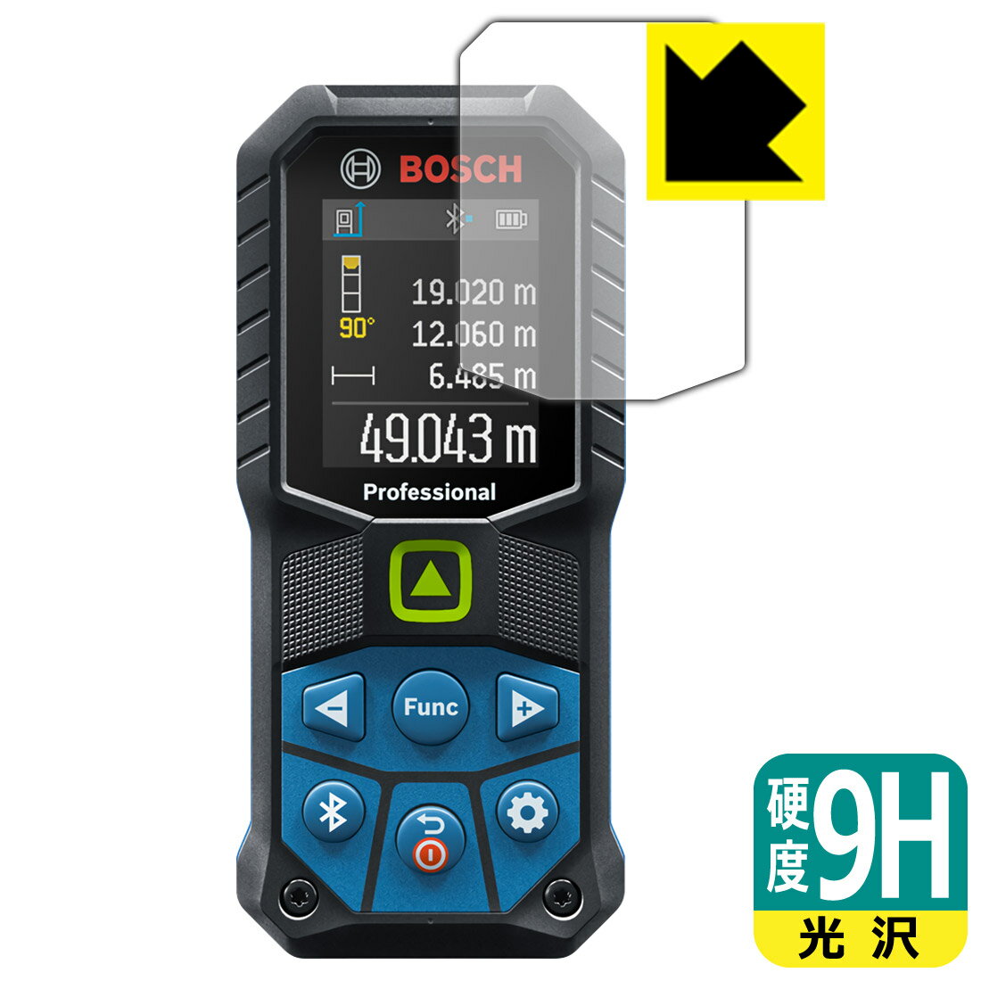 ●対応機種 : ボッシュ(BOSCH) グリーンレーザー距離計 GLM 50-27CG / GLM 50-23G 用の保護フィルムです。●内容量 : 1枚●柔軟性があり、ガラスフィルムのように衝撃を受けても割れない『9H高硬度保護フィルム』 ●安心の国産素材を使用。日本国内の自社工場で製造し出荷しています。【ポスト投函送料無料】商品は【ポスト投函発送 (追跡可能メール便)】で発送します。お急ぎ、配達日時を指定されたい方は以下のクーポンを同時購入ください。【お急ぎ便クーポン】　プラス110円(税込)で速達扱いでの発送。お届けはポストへの投函となります。【配達日時指定クーポン】　プラス550円(税込)で配達日時を指定し、宅配便で発送させていただきます。【お急ぎ便クーポン】はこちらをクリック【配達日時指定クーポン】はこちらをクリック 　 表面硬度はガラスフィルムと同等の9Hですが、しなやかな柔軟性がある「超ハードコートPETフィルム」なので衝撃を受けても割れません。厚みも一般的なガラスフィルムより薄い約0.2mmでタッチ操作の感度も良好です。(※1) 貼っていることを意識させないほどの高い透明度に、高級感あふれる光沢・クリアな仕上げとなります。 動画視聴や画像編集など、機器本来の発色を重視したい方におすすめです。 表面はフッ素コーティングがされており、皮脂や汚れがつきにくく、また、落ちやすくなっています。指滑りもなめらかで、快適な使用感です。 油性マジックのインクもはじきますので簡単に拭き取れます。 接着面は気泡の入りにくい特殊な自己吸着タイプです。素材に柔軟性があり、貼り付け作業も簡単にできます。また、はがすときにガラス製フィルムのように割れてしまうことはありません。 貼り直しが何度でもできるので、正しい位置へ貼り付けられるまでやり直すことができます。 最高級グレードの国産素材を日本国内の弊社工場で加工している完全な Made in Japan です。安心の品質をお届けします。 ※1「表面硬度 9H」の表示は素材として使用しているフィルムの性能です。機器に貼り付けた状態の測定結果ではありません。 使用上の注意 ●本製品は機器の画面をキズなどから保護するフィルムです。他の目的にはご使用にならないでください。 ●本製品は液晶保護および機器本体を完全に保護することを保証するものではありません。機器の破損、損傷、故障、その他損害につきましては一切の責任を負いかねます。 ●製品の性質上、画面操作の反応が変化したり、表示等が変化して見える場合がございます。 ●貼り付け作業時の失敗(位置ズレ、汚れ、ゆがみ、折れ、気泡など)および取り外し作業時の破損、損傷などについては、一切の責任を負いかねます。 ●水に濡れた状態でのご使用は吸着力の低下などにより、保護フィルムがはがれてしまう場合がございます。防水対応の機器でご使用の場合はご注意ください。 ●アルコール類やその他薬剤を本製品に付着させないでください。表面のコーティングや吸着面が変質するおそれがあります。 ●品質向上のため、仕様などを予告なく変更する場合がございますので、予めご了承ください。