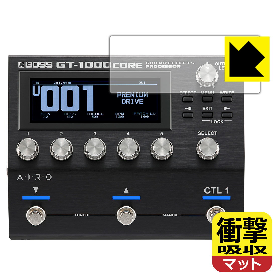 ●対応機種 : BOSS GT-1000CORE Guitar Effects Processor専用の商品です。●製品内容 : ディスプレイ用フィルム1枚・クリーニングワイプ1個●特殊素材の衝撃吸収層が外部からの衝撃を吸収し、機器へのダメージをやわらげます。●安心の国産素材を使用。日本国内の自社工場で製造し出荷しています。 ★貼り付け失敗交換サービス対象商品★【ポスト投函送料無料】商品は【ポスト投函発送 (追跡可能メール便)】で発送します。お急ぎ、配達日時を指定されたい方は以下のクーポンを同時購入ください。【お急ぎ便クーポン】　プラス110円(税込)で速達扱いでの発送。お届けはポストへの投函となります。【配達日時指定クーポン】　プラス550円(税込)で配達日時を指定し、宅配便で発送させていただきます。【お急ぎ便クーポン】はこちらをクリック【配達日時指定クーポン】はこちらをクリック 　 特殊素材の衝撃吸収層がたわむことで衝撃を吸収し、液晶画面や機器へのダメージをやわらげます。ガラスフィルムは割れることがあるため、破損部分でケガをすることがありますが、このフィルムはPET素材ですので、絶対に割れず、安全にお使いいただけます。もちろん割れたカケラが落ちることもありませんので、異物混入などのトラブルも未然に防ぎます。 表面に微細な凹凸を作ることにより、外光を乱反射させギラツキを抑える「アンチグレア加工」がされております。 屋外での太陽光の映り込み、屋内でも蛍光灯などの映り込みが気になるシーンが多い方におすすめです。 また、指紋がついた場合でも目立ちにくいという特長があります。 反射防止のアンチグレア加工で指紋が目立ちにくい上、表面はフッ素コーティングがされており、皮脂や汚れがつきにくく、また、落ちやすくなっています。指滑りはさらさらな使用感です。 油性マジックのインクもはじきますので簡単に拭き取れます。 抗菌加工によりフィルム表面の菌の繁殖を抑えることができます。 清潔な画面を保ちたい方におすすめです。 ※抗菌率99.9％ / JIS Z2801 抗菌性試験方法による評価 接着面は気泡の入りにくい特殊な自己吸着タイプです。素材に柔軟性があり、貼り付け作業も簡単にできます。また、はがすときにガラス製フィルムのように割れてしまうことはありません。 貼り直しが何度でもできるので、正しい位置へ貼り付けられるまでやり直すことができます。 最高級グレードの国産素材を日本国内の弊社工場で加工している完全な Made in Japan です。安心の品質をお届けします。 使用上の注意 ●本製品は機器の画面をキズなどから保護するフィルムです。他の目的にはご使用にならないでください。 ●本製品は液晶保護および機器本体を完全に保護することを保証するものではありません。機器の破損、損傷、故障、その他損害につきましては一切の責任を負いかねます。 ●製品の性質上、画面操作の反応が変化したり、表示等が変化して見える場合がございます。 ●貼り付け作業時の失敗(位置ズレ、汚れ、ゆがみ、折れ、気泡など)および取り外し作業時の破損、損傷などについては、一切の責任を負いかねます。 ●水に濡れた状態でのご使用は吸着力の低下などにより、保護フィルムがはがれてしまう場合がございます。防水対応の機器でご使用の場合はご注意ください。 ●アルコール類やその他薬剤を本製品に付着させないでください。表面のコーティングや吸着面が変質するおそれがあります。 ●品質向上のため、仕様などを予告なく変更する場合がございますので、予めご了承ください。