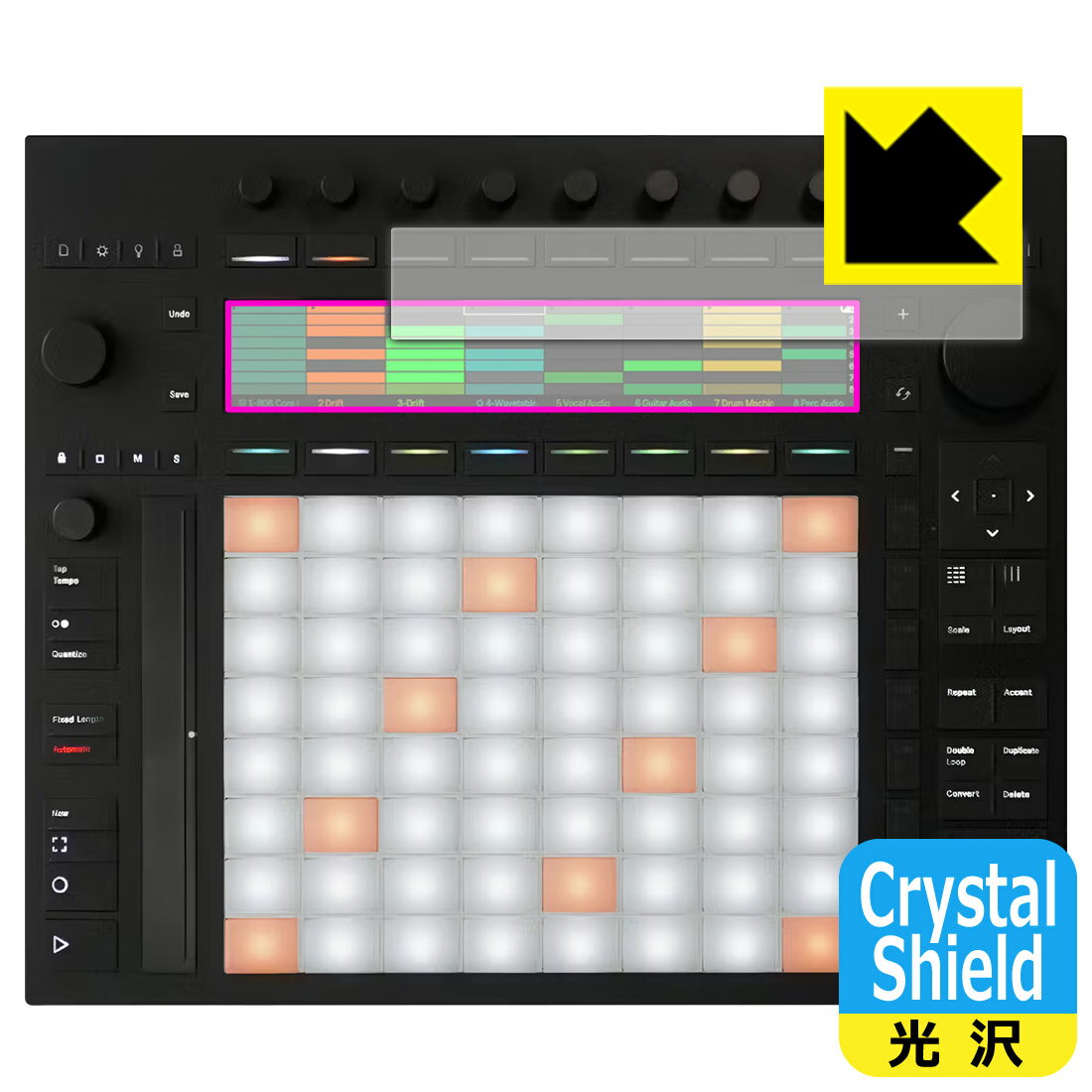 ●対応機種 : Ableton Push 3 (スタンドアロン版 / コントローラー版)専用の保護フィルムです。●製品内容 : ディスプレイ用フィルム1枚・クリーニングワイプ1個●「Crystal Shield」は高い透明度と光沢感で、保護フィルムを貼っていないかのようなクリア感のある『光沢タイプの保護フィルム』●安心の国産素材を使用。日本国内の自社工場で製造し出荷しています。 ★貼り付け失敗交換サービス対象商品★【ポスト投函送料無料】商品は【ポスト投函発送 (追跡可能メール便)】で発送します。お急ぎ、配達日時を指定されたい方は以下のクーポンを同時購入ください。【お急ぎ便クーポン】　プラス110円(税込)で速達扱いでの発送。お届けはポストへの投函となります。【配達日時指定クーポン】　プラス550円(税込)で配達日時を指定し、宅配便で発送させていただきます。【お急ぎ便クーポン】はこちらをクリック【配達日時指定クーポン】はこちらをクリック 　 貼っていることを意識させないほどの高い透明度に、高級感あふれる光沢・クリアな仕上げとなります。 動画視聴や画像編集など、機器本来の発色を重視したい方におすすめです。 ハードコート加工がされており、キズや擦れに強くなっています。簡単にキズがつかず長くご利用いただけます。 表面はフッ素コーティングがされており、皮脂や汚れがつきにくく、また、落ちやすくなっています。 指滑りもなめらかで、快適な使用感です。 油性マジックのインクもはじきますので簡単に拭き取れます。 接着面は気泡の入りにくい特殊な自己吸着タイプです。素材に柔軟性があり、貼り付け作業も簡単にできます。また、はがすときにガラス製フィルムのように割れてしまうことはありません。 貼り直しが何度でもできるので、正しい位置へ貼り付けられるまでやり直すことができます。 抗菌加工によりフィルム表面の菌の繁殖を抑えることができます。清潔な画面を保ちたい方におすすめです。 ※抗菌率99.9％ / JIS Z2801 抗菌性試験方法による評価 最高級グレードの国産素材を日本国内の弊社工場で加工している完全な Made in Japan です。安心の品質をお届けします。 使用上の注意 ●本製品は機器の画面をキズなどから保護するフィルムです。他の目的にはご使用にならないでください。 ●本製品は液晶保護および機器本体を完全に保護することを保証するものではありません。機器の破損、損傷、故障、その他損害につきましては一切の責任を負いかねます。 ●製品の性質上、画面操作の反応が変化したり、表示等が変化して見える場合がございます。 ●貼り付け作業時の失敗(位置ズレ、汚れ、ゆがみ、折れ、気泡など)および取り外し作業時の破損、損傷などについては、一切の責任を負いかねます。 ●水に濡れた状態でのご使用は吸着力の低下などにより、保護フィルムがはがれてしまう場合がございます。防水対応の機器でご使用の場合はご注意ください。 ●アルコール類やその他薬剤を本製品に付着させないでください。表面のコーティングや吸着面が変質するおそれがあります。 ●品質向上のため、仕様などを予告なく変更する場合がございますので、予めご了承ください。