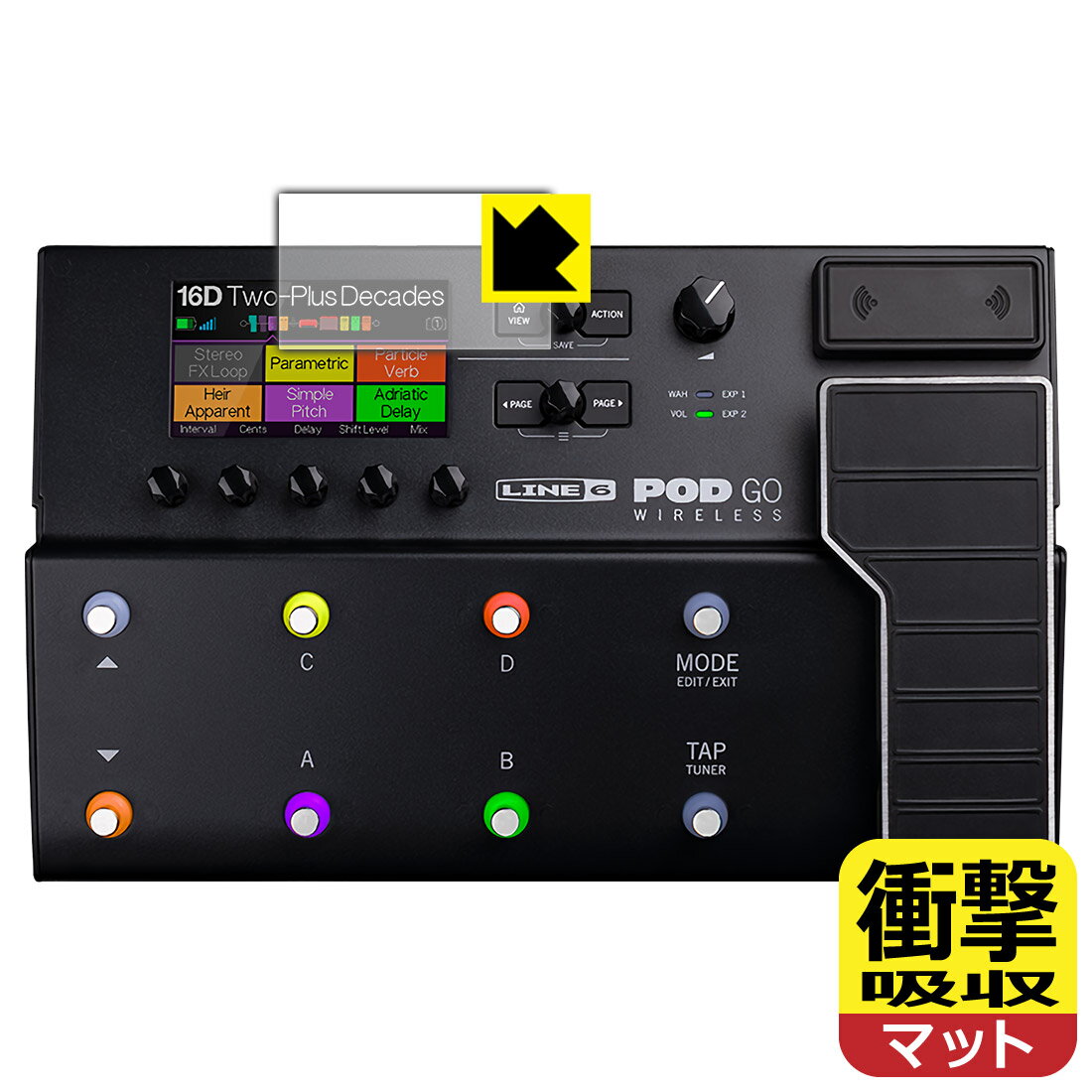 対応機種●対応機種 : マルチエフェクター Line 6 POD Go / POD Go Wireless専用の保護フィルムです。●製品内容 : ディスプレイ用フィルム1枚・クリーニングワイプ1個●特殊素材の衝撃吸収層が外部からの衝撃を吸収し、機器へのダメージをやわらげます。『衝撃吸収(非光沢)の保護フィルム』●安心の国産素材を使用。日本国内の自社工場で製造し出荷しています。 ★貼り付け失敗交換サービス対象商品★ 国内自社工場製造・発送だからできる 安心の製品保証とサポート ■製品保証 お届けした製品が誤っていたり、不具合があった場合などには、お届けから1ヶ月以内にメールにてお問い合わせください。交換等対応させていただきます。[キャンセル・返品（返金・交換）について] ■■貼り付け失敗時の交換サービス■■貼り付けに失敗しても1回だけ無償交換ができます。(失敗したフィルムをお送りいただき、新品に無償交換します。往復の送料のみお客様にご負担をお願いいたします。詳しくは製品に同封の紙をご確認ください) ■■保護フィルム貼り付け代行サービス■■保護フィルムの貼り付け作業に自信がない方には、PDA工房で貼り付け作業を代行いたします。(PDA工房の保護フィルムのみが対象です。詳しくは製品に同封の紙をご確認ください) 衝撃吸収【反射低減】保護フィルム 素材説明 ■衝撃を吸収＆割れない安心感特殊素材の衝撃吸収層がたわむことで衝撃を吸収し、液晶画面や機器へのダメージをやわらげます。ガラスフィルムは割れることがあるため、破損部分でケガをすることがありますが、このフィルムはPET素材ですので、絶対に割れず、安全にお使いいただけます。もちろん割れたカケラが落ちることもありませんので、異物混入などのトラブルも未然に防ぎます。■画面の映り込みを抑える反射防止タイプ！表面に微細な凹凸を作ることにより、外光を乱反射させギラツキを抑える「アンチグレア加工」がされております。屋外での太陽光の映り込み、屋内でも蛍光灯などの映り込みが気になるシーンが多い方におすすめです。また、指紋がついた場合でも目立ちにくいという特長があります。■指紋が目立ちにくい上、フッ素加工で汚れがつきにくい！反射防止のアンチグレア加工で指紋が目立ちにくい上、表面はフッ素コーティングがされており、皮脂や汚れがつきにくく、また、落ちやすくなっています。指滑りはさらさらな使用感です。■抗菌加工で清潔抗菌加工によりフィルム表面の菌の繁殖を抑えることができます。清潔な画面を保ちたい方におすすめです。※抗菌率99.9％ / JIS Z2801 抗菌性試験方法による評価■気泡の入りにくい特殊な自己吸着タイプ接着面は気泡の入りにくい特殊な自己吸着タイプです。素材に柔軟性があり、貼り付け作業も簡単にできます。また、はがすときにガラス製フィルムのように割れてしまうことはありません。貼り直しが何度でもできるので、正しい位置へ貼り付けられるまでやり直すことができます。■安心の日本製最高級グレードの国産素材を日本国内の弊社工場で加工している完全な Made in Japan です。安心の品質をお届けします。 【ポスト投函送料無料】商品は【ポスト投函発送 (追跡可能メール便)】で発送します。お急ぎ、配達日時を指定されたい方は以下のクーポンを同時購入ください。【お急ぎ便クーポン】　プラス110円(税込)で速達扱いでの発送。お届けはポストへの投函となります。【配達日時指定クーポン】　プラス550円(税込)で配達日時を指定し、宅配便で発送させていただきます。【お急ぎ便クーポン】はこちらをクリック【配達日時指定クーポン】はこちらをクリック